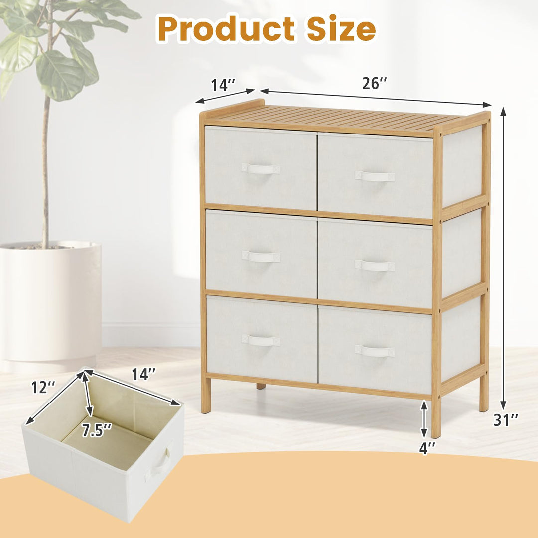 Giantex White Dresser for Bedroom Bamboo 6 Fabric Drawers Storage Tower with Top Shelf
