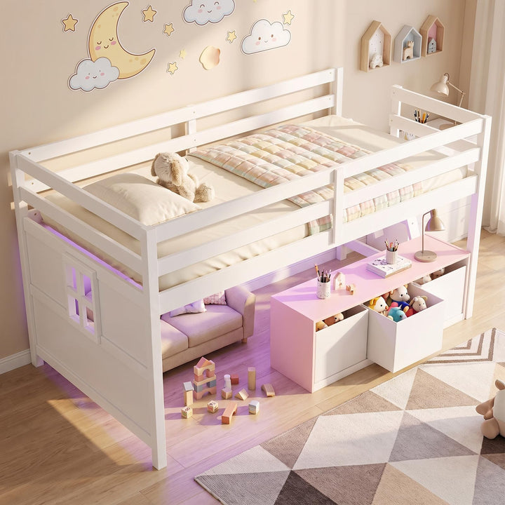 Giantex Kids Low Loft Bed Twin Size with LED Lights