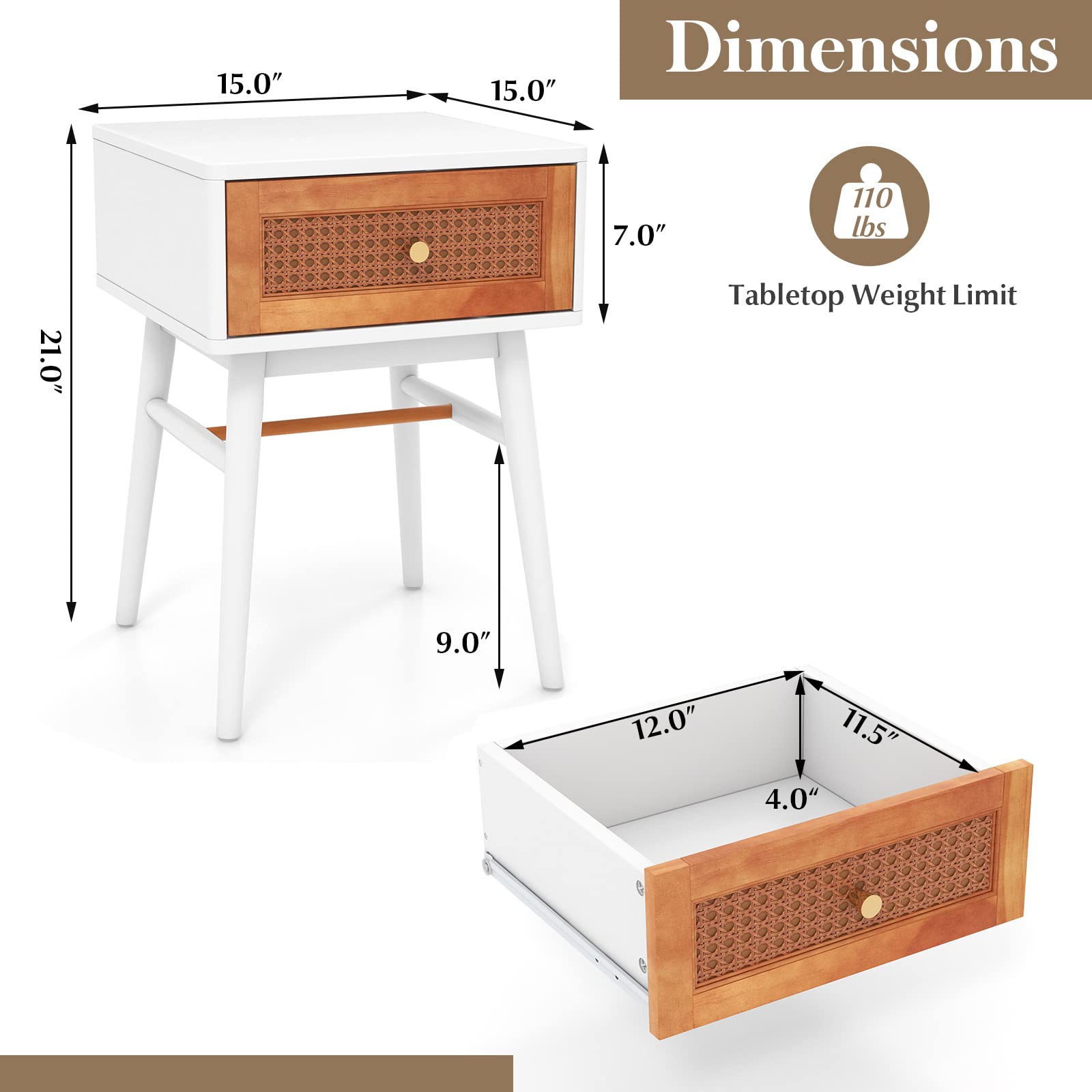 Giantex Rattan Nightstand, Boho End Side Table with Rattan Decorated Storage Drawer & Solid Wood Legs