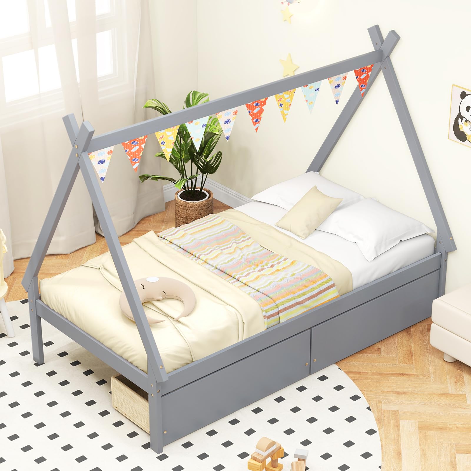 Giantex Twin Bed Frame with 2 Storage Drawers, Wood House Tent Platform Bed Frame with Triangle Structure