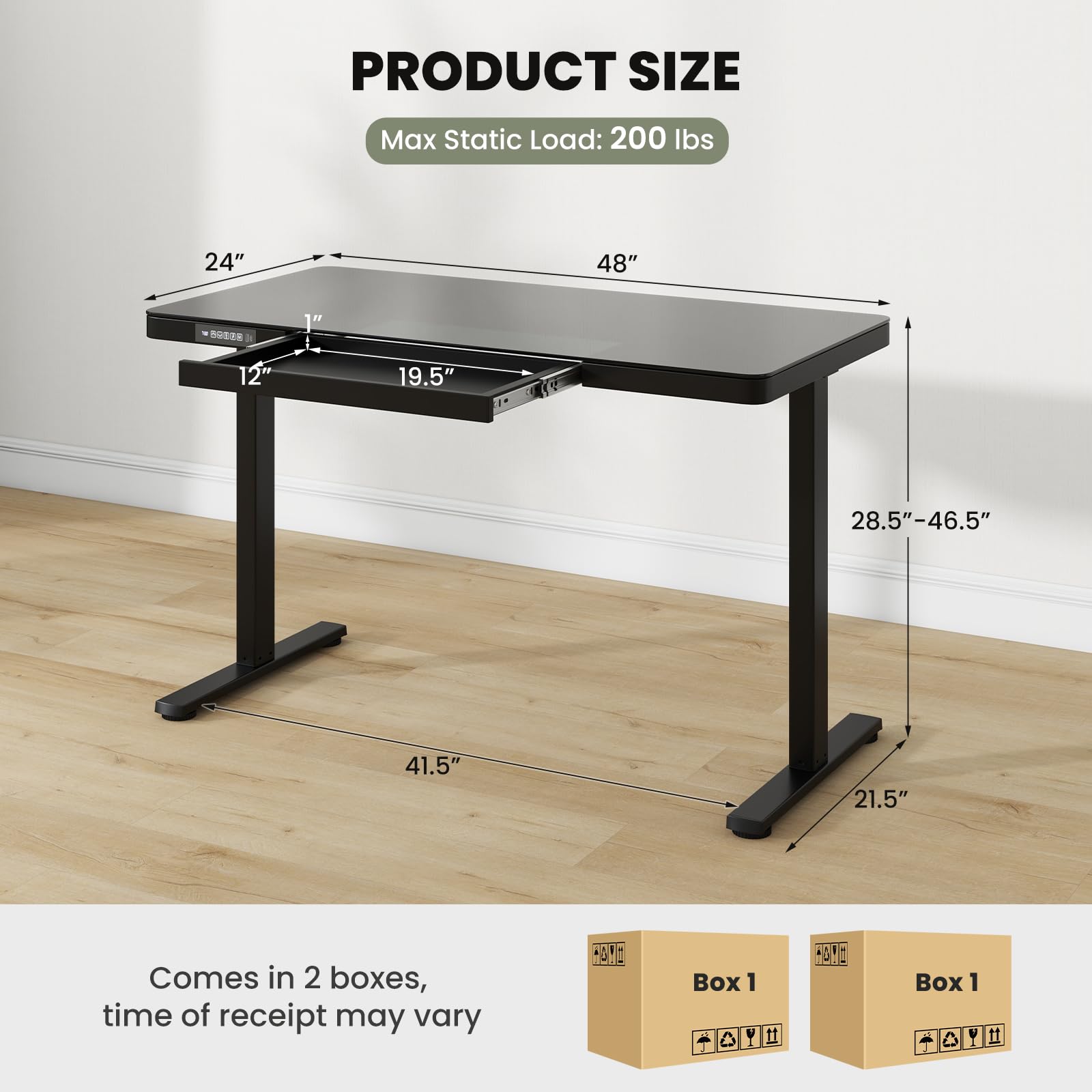 Giantex Glass Standing Desk with Drawer, 48" x 24" Height Adjustable Electric Stand Up Desk