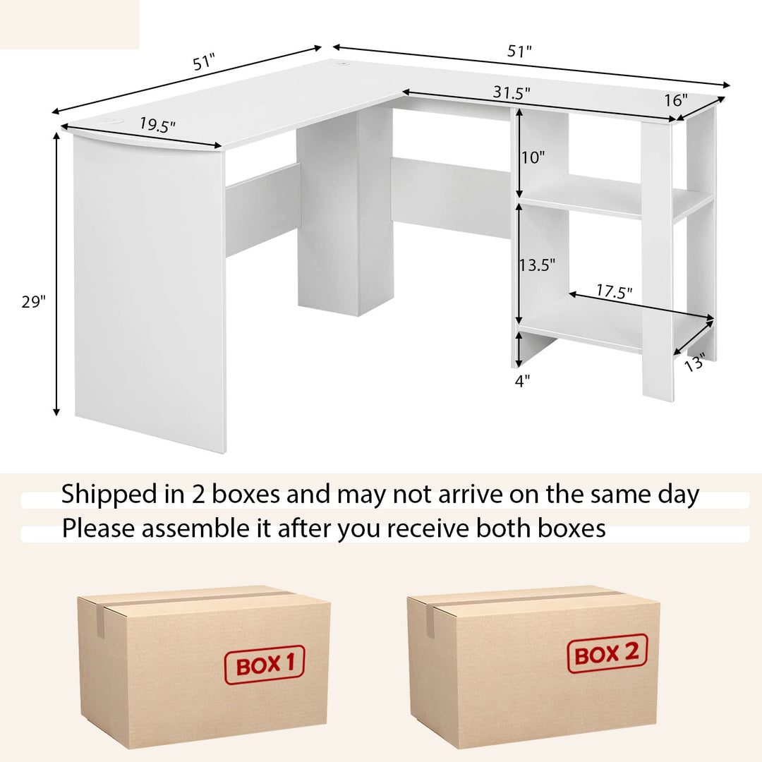 Giantex L Shaped Computer Desk, 51" Large Corner Desk with 2 Cable Holes & 2 Storage Shelves, White