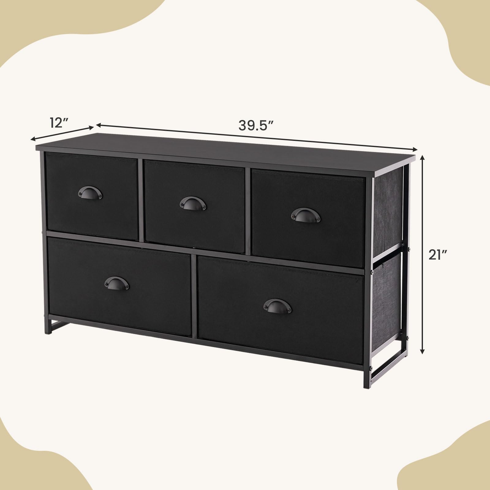 Giantex Black Dresser for Bedroom with 5 Drawers - Wide Clothes Storage Organizer w/ 5 Fabric Bins