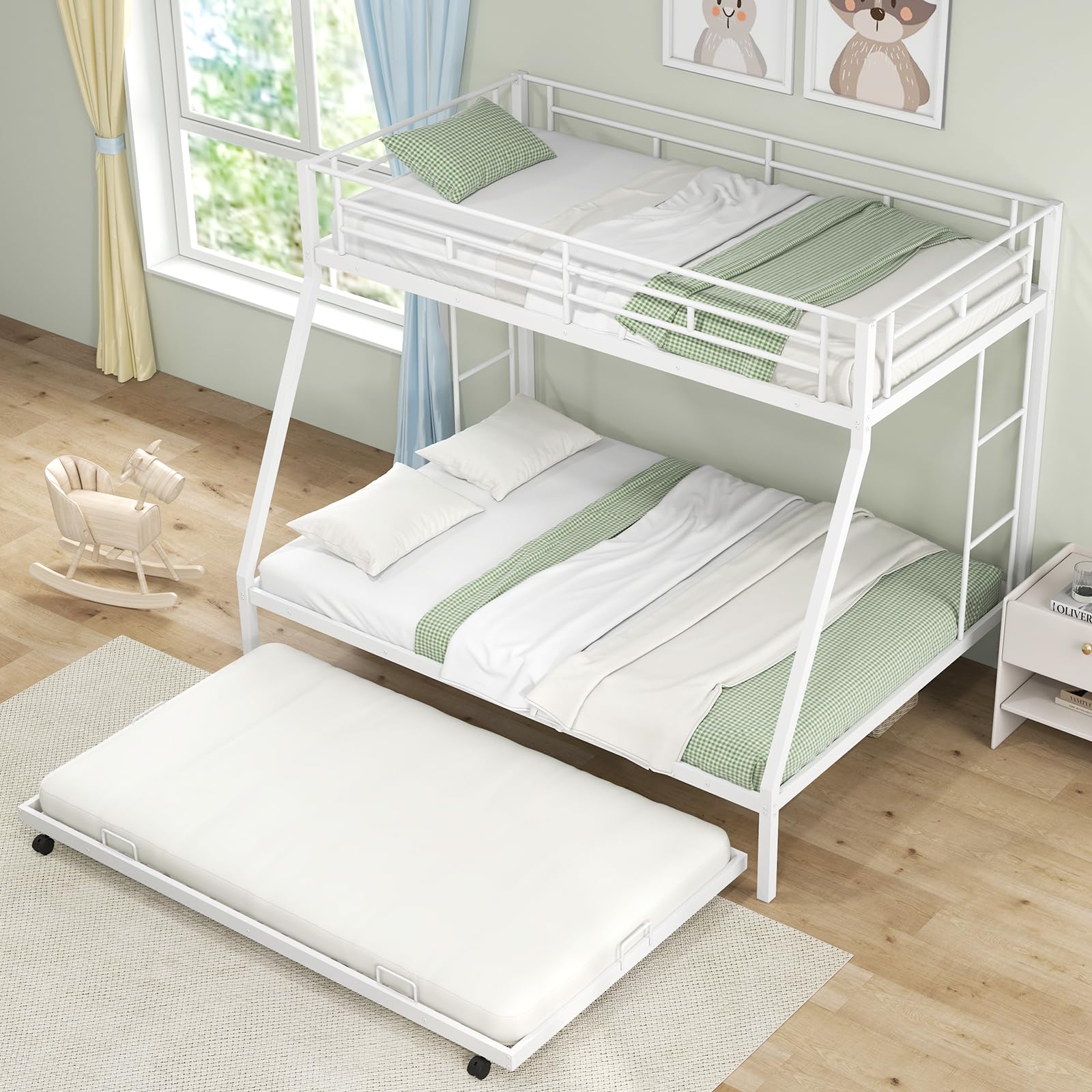 Giantex Twin Over Full Bunk Bed with Trundle, Heavy-Duty Metal Triple Bunk Beds