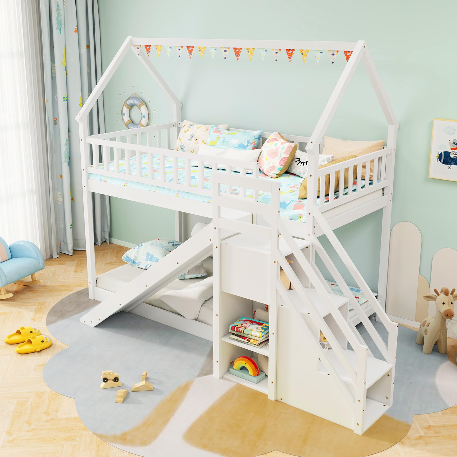 Giantex House Bunk Bed Twin Over Twin with Slide & Stairs, No Box Spring Needed, Twin Floor Bunk Bed for Kids Teens Boys Girls, White