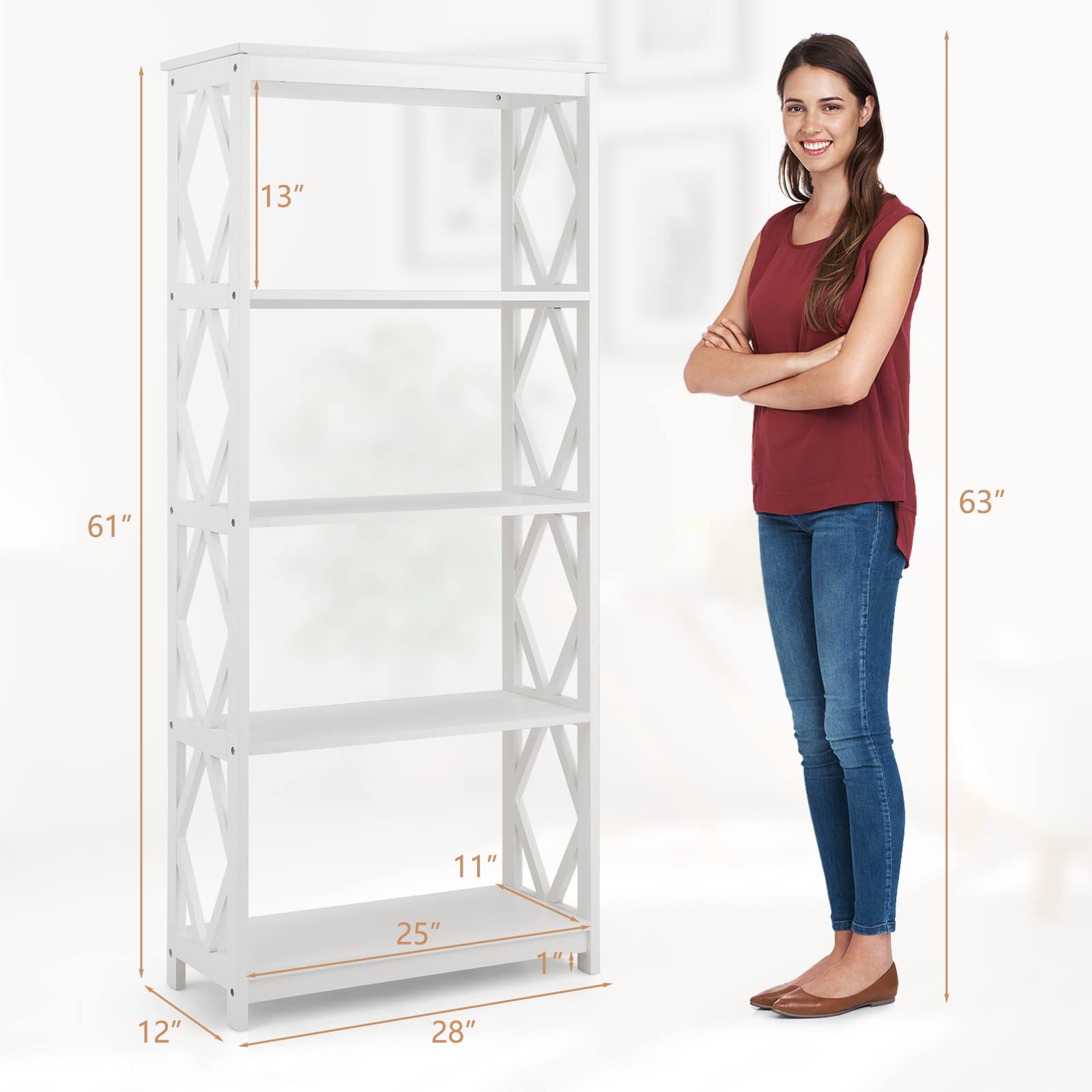 Giantex 5-Tier 61" Tall Wooden Bookshelf - Modern Freestanding Open Shelving Storage Display Shelf