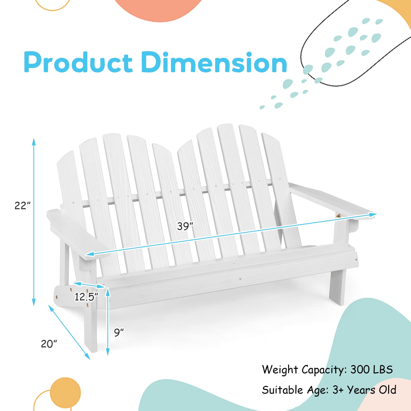 Giantex Kids 2-Seat Adirondack Chair - Fir Wood Double Loveseat with High Backrest, Arm Rest, 300 LBS Weight Capacity
