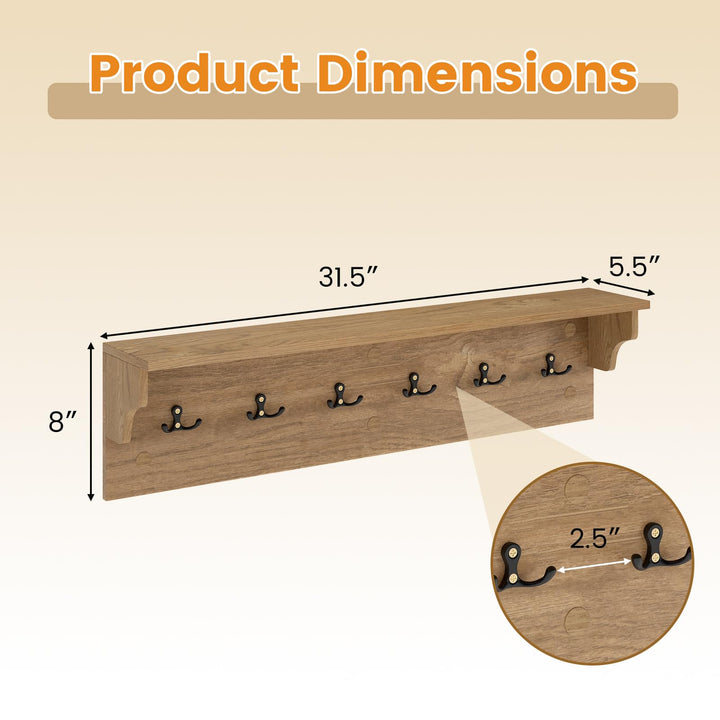 Giantex Wall-Mounted Storage Shelf | 31.5" Wooden Hanging Coat Rack with 6 Hooks