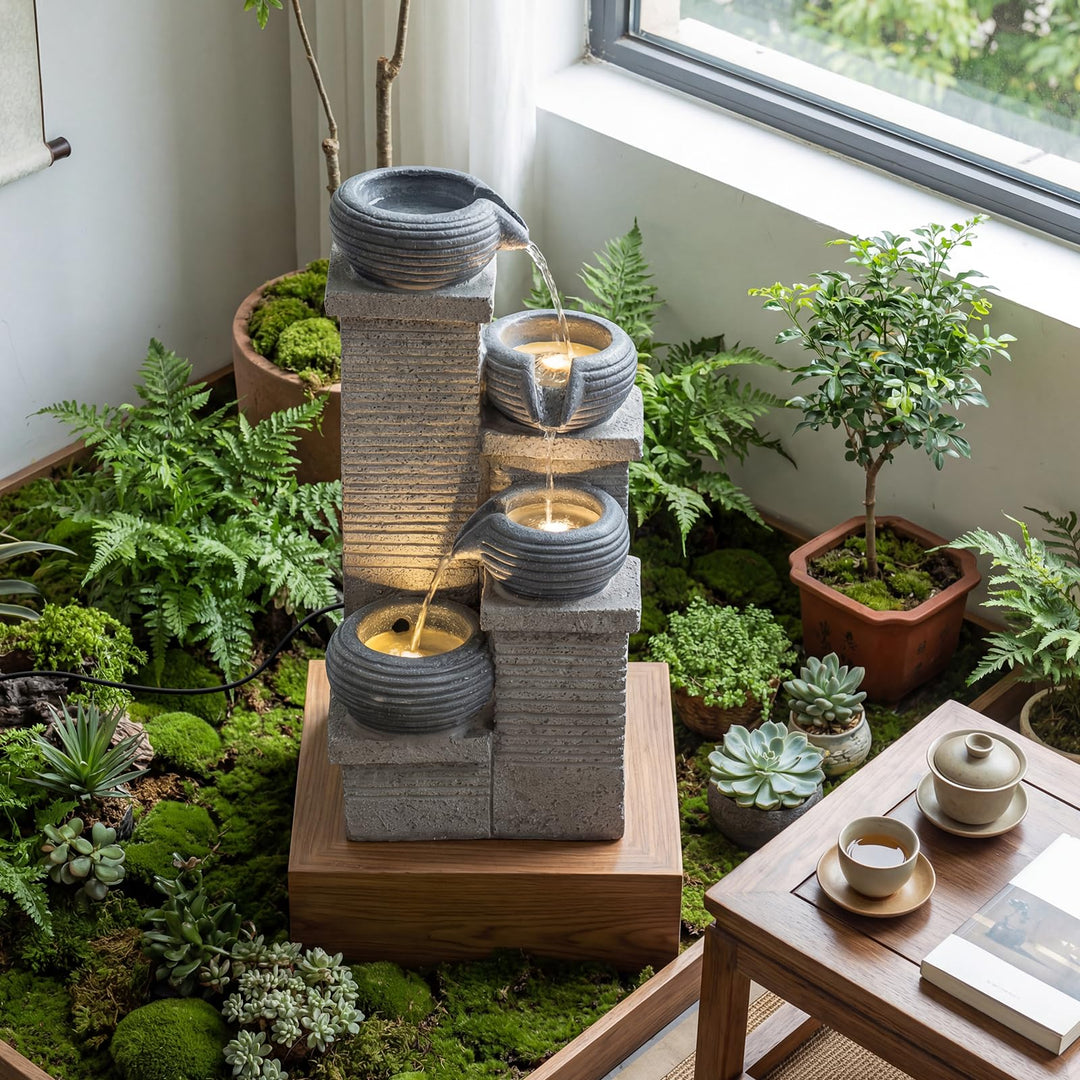 Giantex 4-Tier Water Fountain Outdoor with Warm LED Lights & Pump