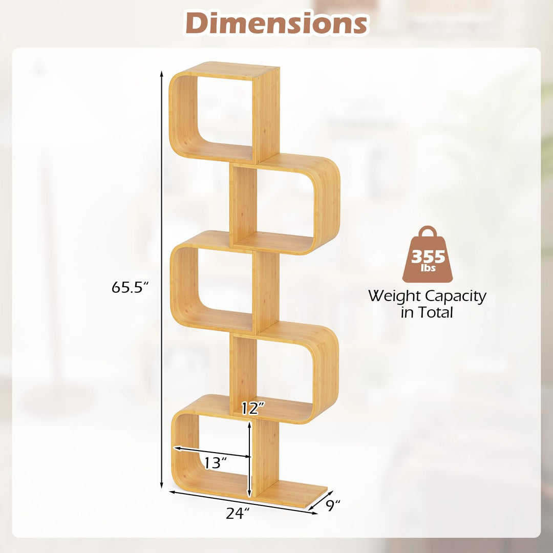 Giantex 5-Tier S-Shaped Bookcase Bamboo Bookshelf with Open Cubes