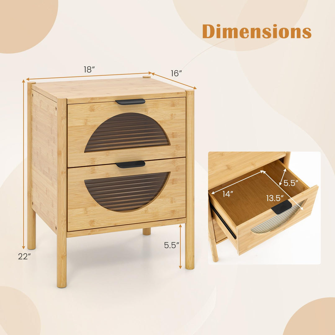 Giantex Bamboo Nightstand, Mid-Century Modern Bedside Table with 2 Storage Drawers & Tempered Glass