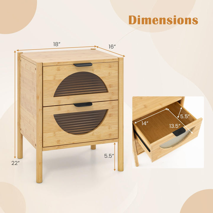 Giantex Bamboo Nightstand, Mid-Century Modern Bedside Table with 2 Storage Drawers & Tempered Glass
