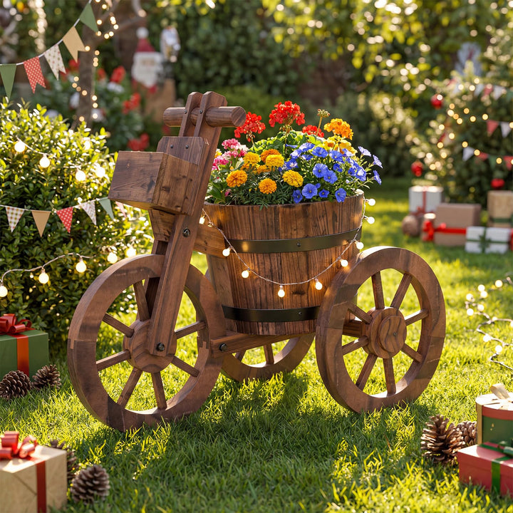 Giantex Wooden Wagon Planter with Wheels for Patio Backyard Balcony