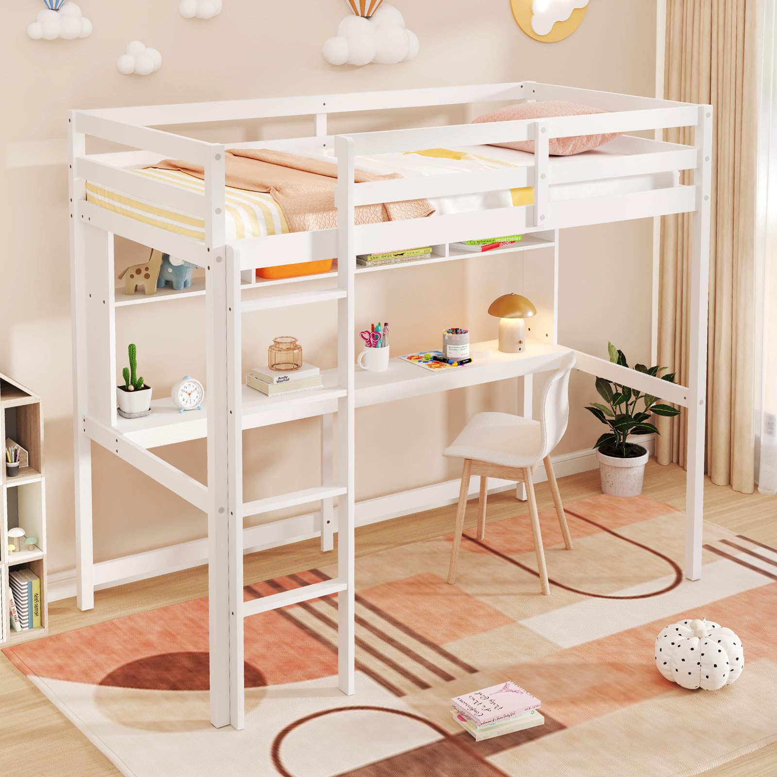 Giantex Solid Wood Twin Loft Bed with Desk and Bookcase