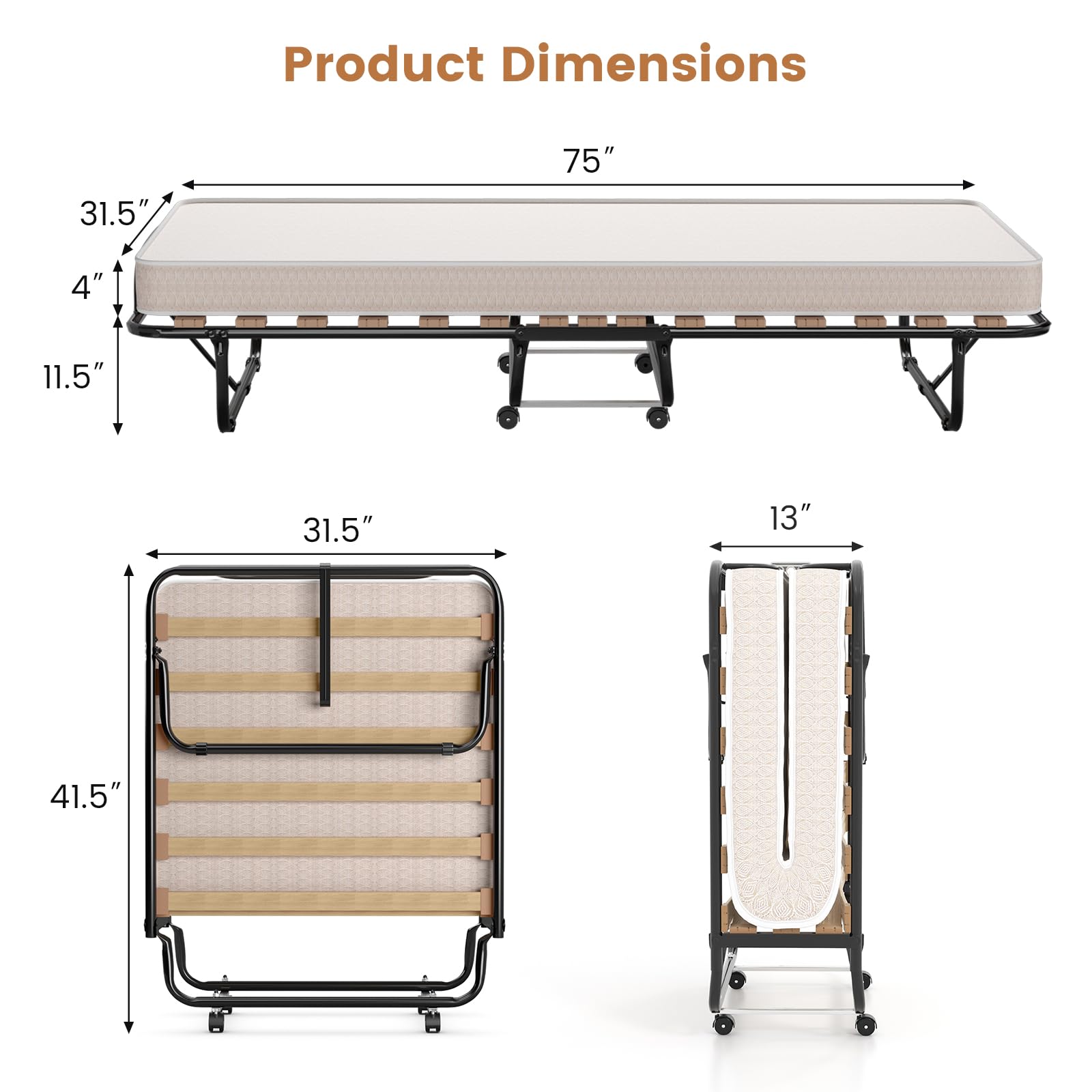 Giantex Folding Bed with Mattress - Single Cot Foldable Bed with 4" Mattress for Adults