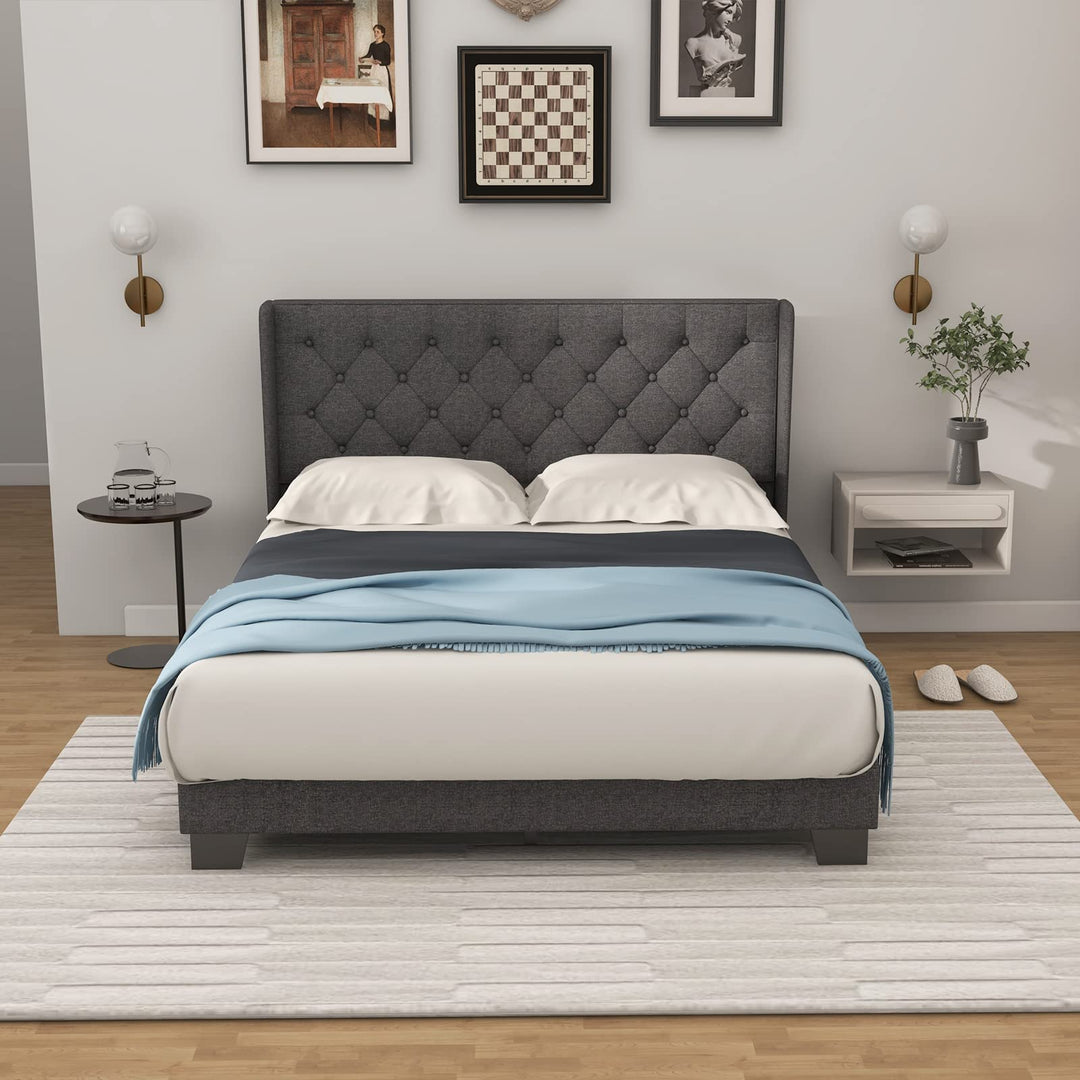 Giantex Bed Frame with Button Tufted Headboard, Modern Fabric Upholstered Platform Bed with Wingback Design, Grey