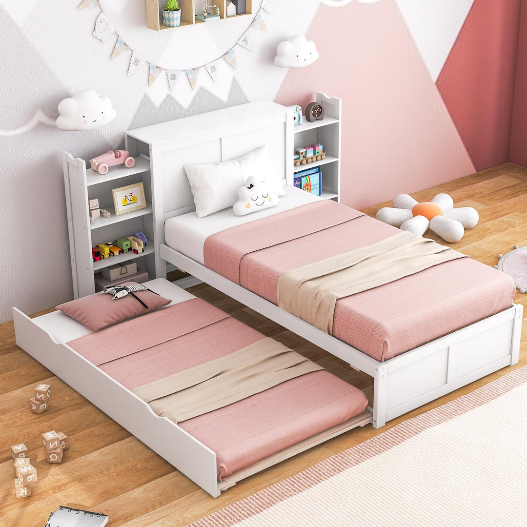Giantex Full Bed Frame with Twin Trundle, Wooden Bed Wooden Bed Frame with 2 Rolling Bookcases & High Headboard