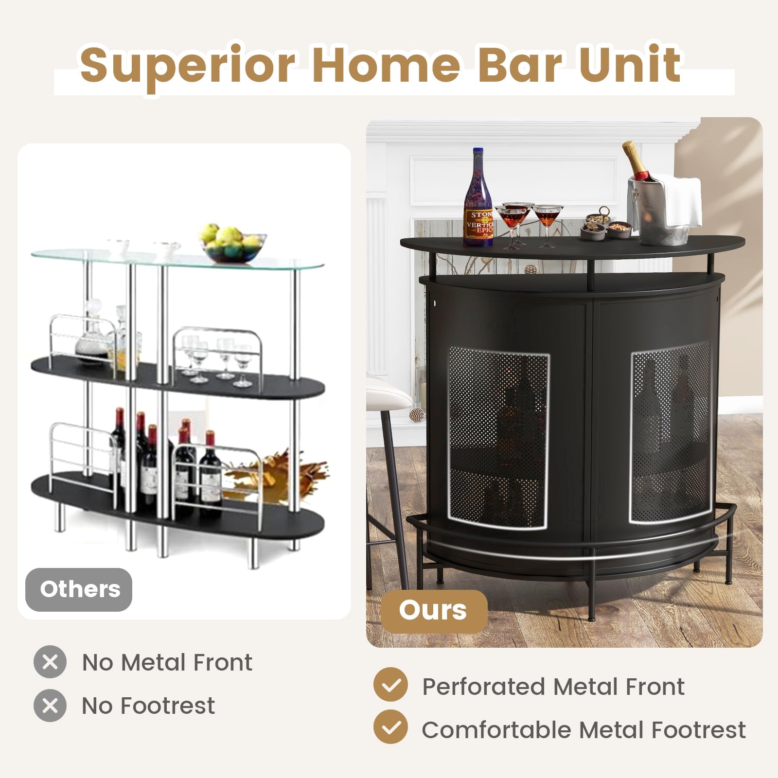 Giantex 4-Tier Home Bar Unit - Bar Cabinet with Storage Shelves, 3 Stemware Holders, Black