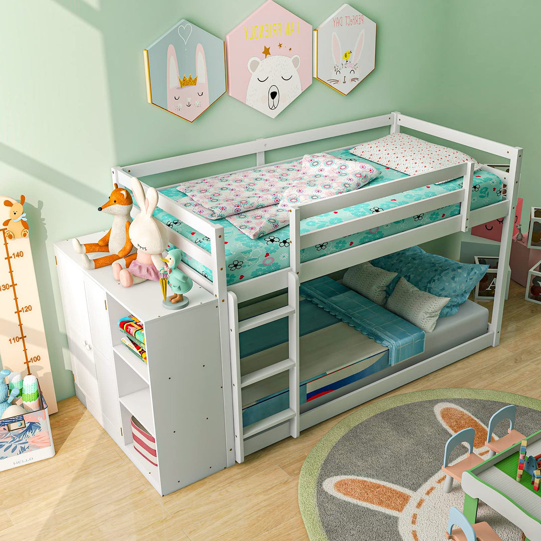 Giantex Twin Over Twin Bunk Bed with Storage Shelves, Solid Wood Bunk Bed Frame with Convertible Bookcase & Ladder, White