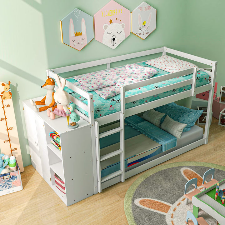 Giantex Twin Over Twin Bunk Bed with Storage Shelves, Solid Wood Bunk Bed Frame with Convertible Bookcase & Ladder, White
