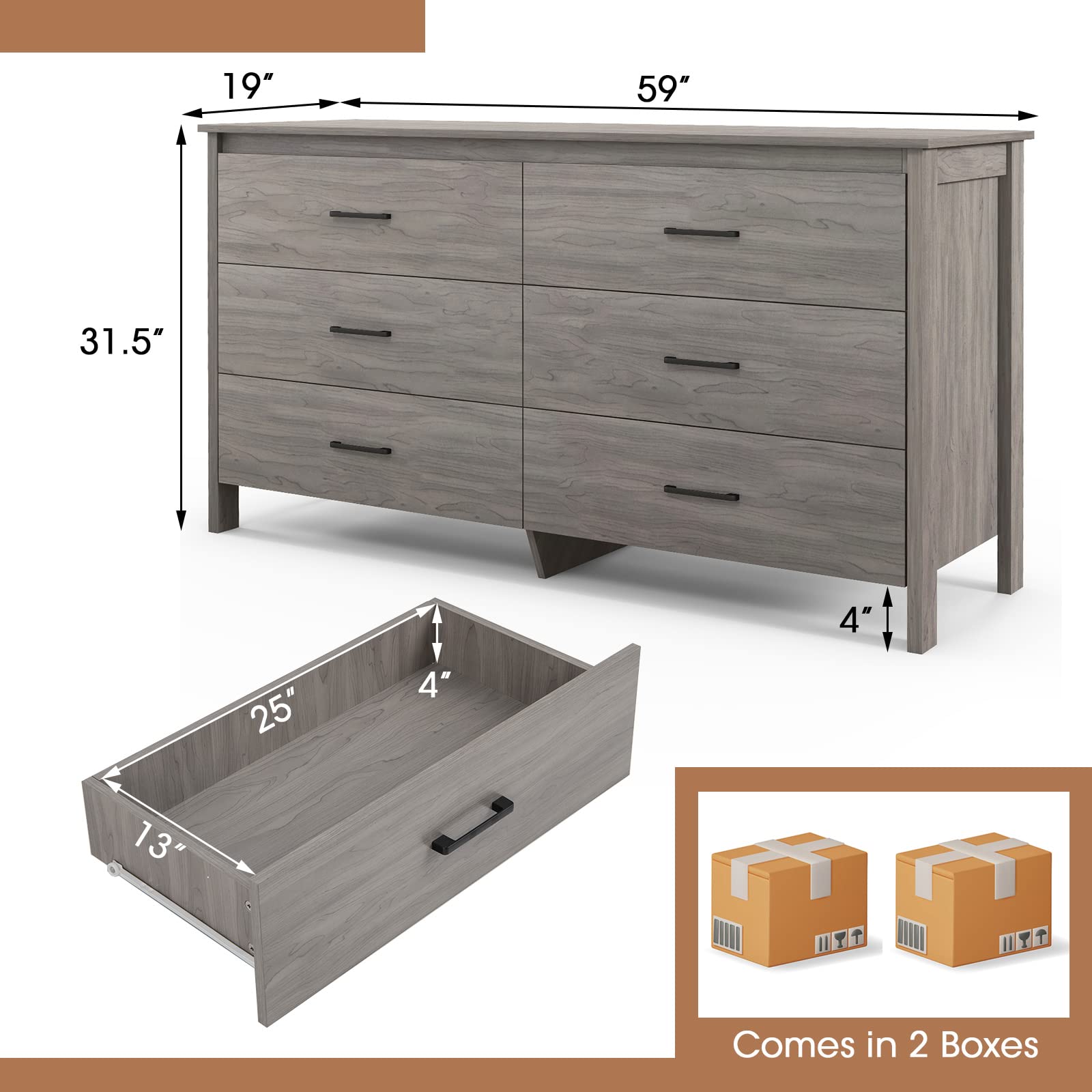 Giantex 6-Drawer Dresser for Living Room - Double Wide Chest of Drawers with Center Support & Anti-tip Kit, Grey