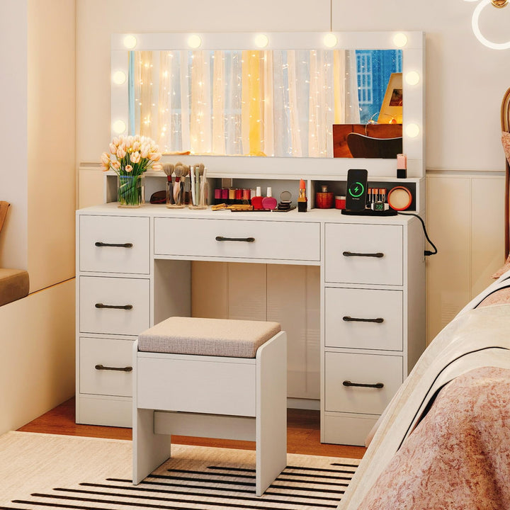 CHARMAID Vanity Desk with Mirror and Lights Charging Station & Storage Stool