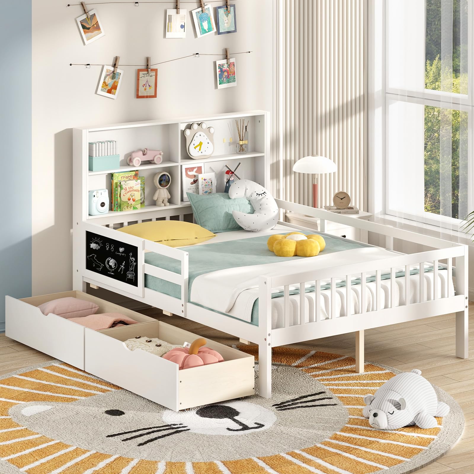 Giantex 2 Storage Drawers, Solid Wood Kids Bed Frame w/Bookcase Headboard & Blackboard
