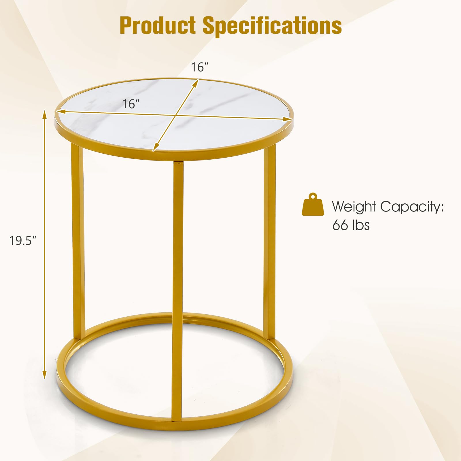 Giantex Faux Marble Side Table, Round End Table with Golden Metal Frame and White Marble Top