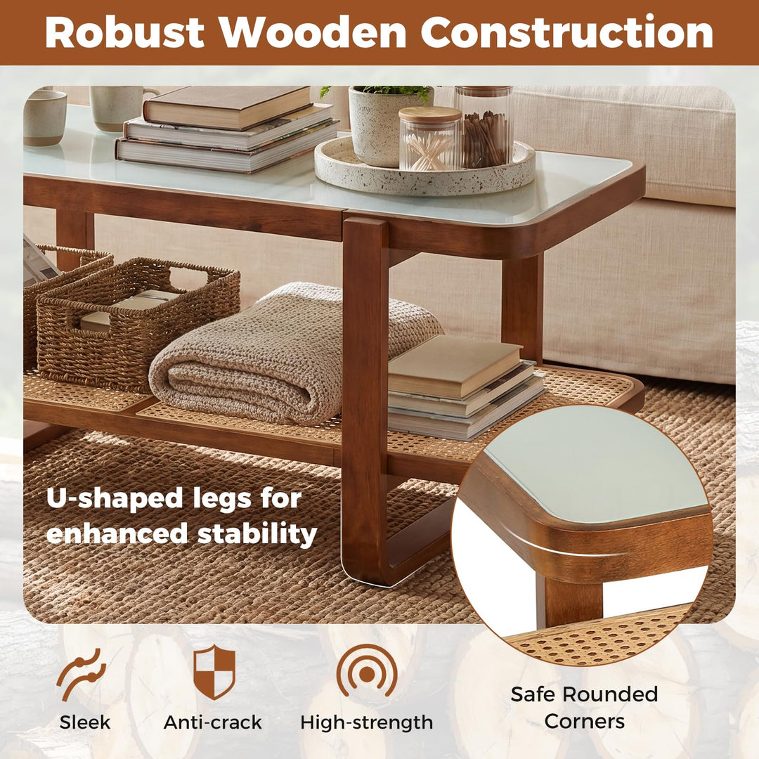 Giantex Rattan Coffee Table | 41.5" Farmhouse Center Table with Storage &amp; Frosted Tempered Glass