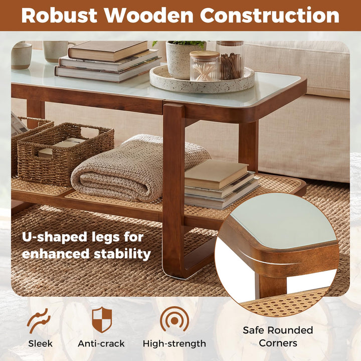 Giantex Rattan Coffee Table | 41.5" Farmhouse Center Table with Storage &amp; Frosted Tempered Glass