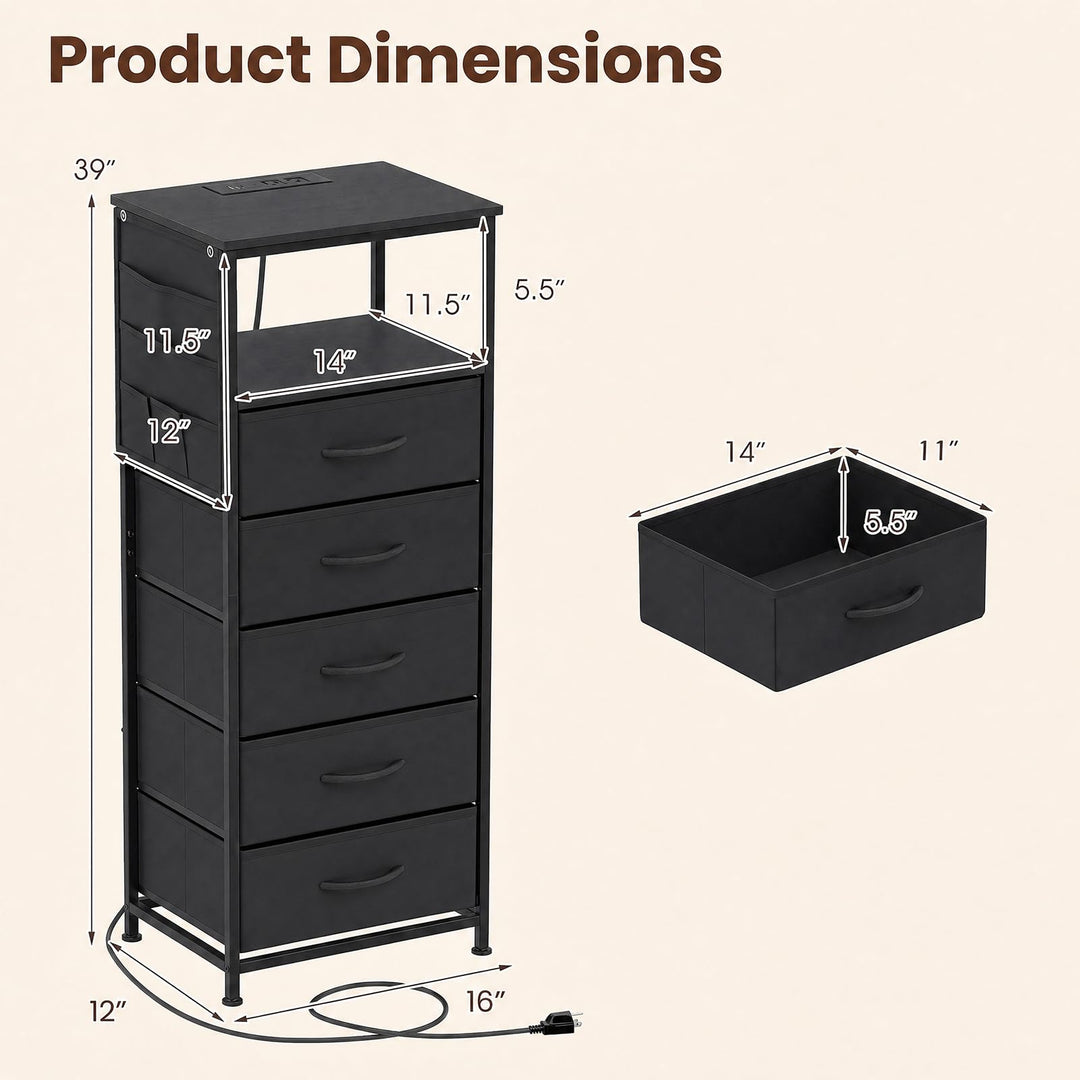 GIANTEX Modern 39" Bedside Table with Integrated Charging Station &amp; 5 Fabric Drawers (1/2)