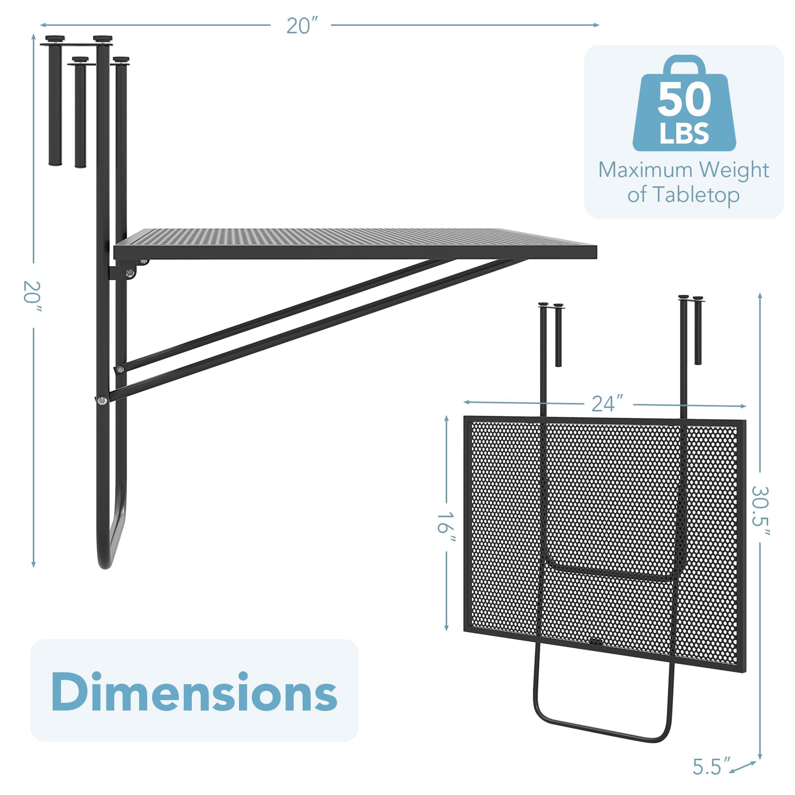 Giantex Balcony Table, Folding Outdoor Side Table for Railings Up to 2.4" Thick, Space-saving Railing Serving Table with Metal Frame