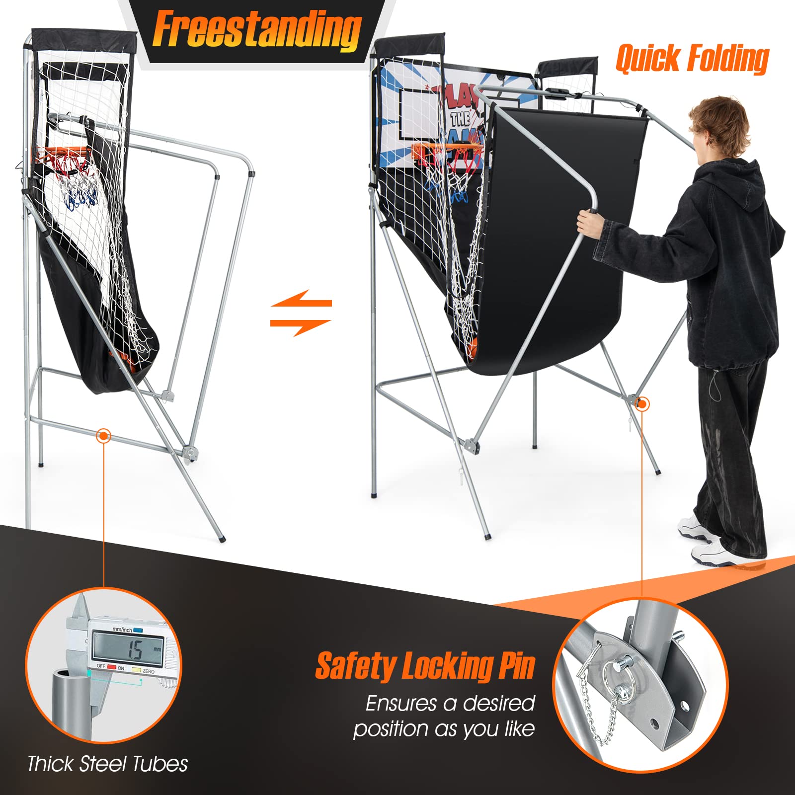 Foldable Basketball Arcade Game, 8 Game Options, Electronic Double Shot 2 Player w/ 4 Balls and LED Scoring System