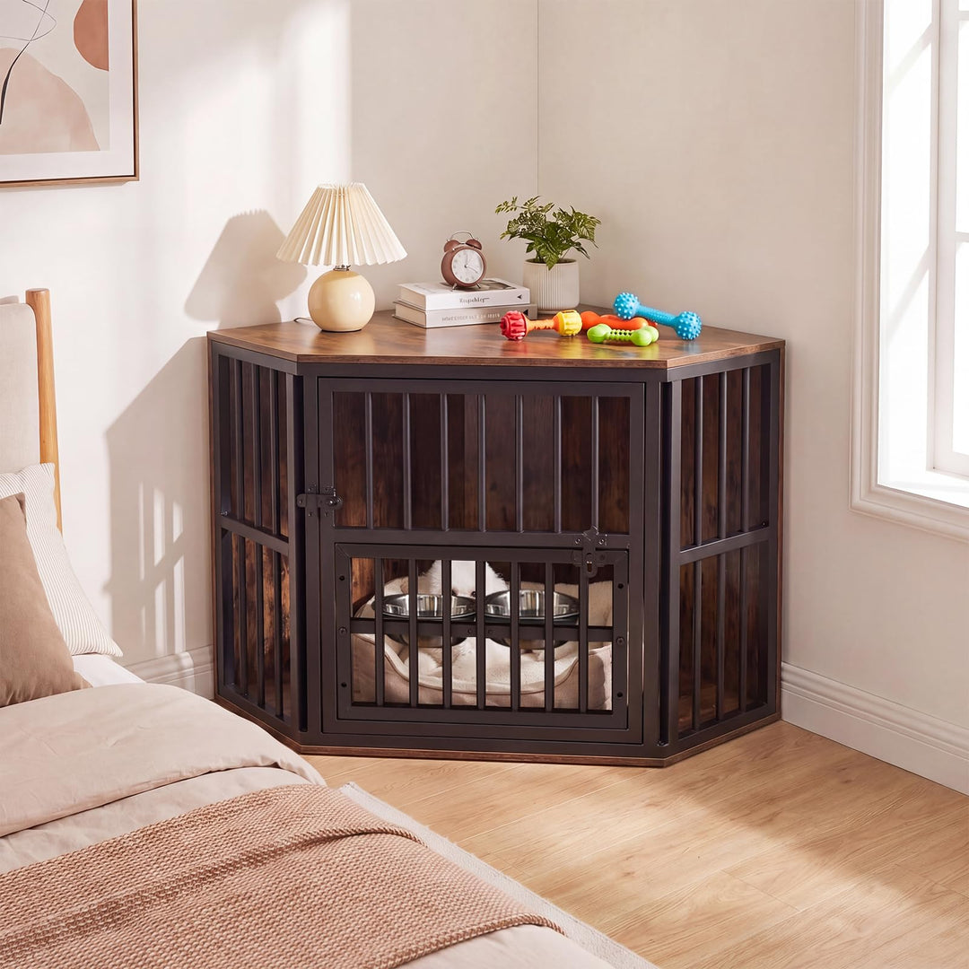 Giantex Corner Dog Crate Furniture with Adjustable &amp; Reversible Elevated Feeder