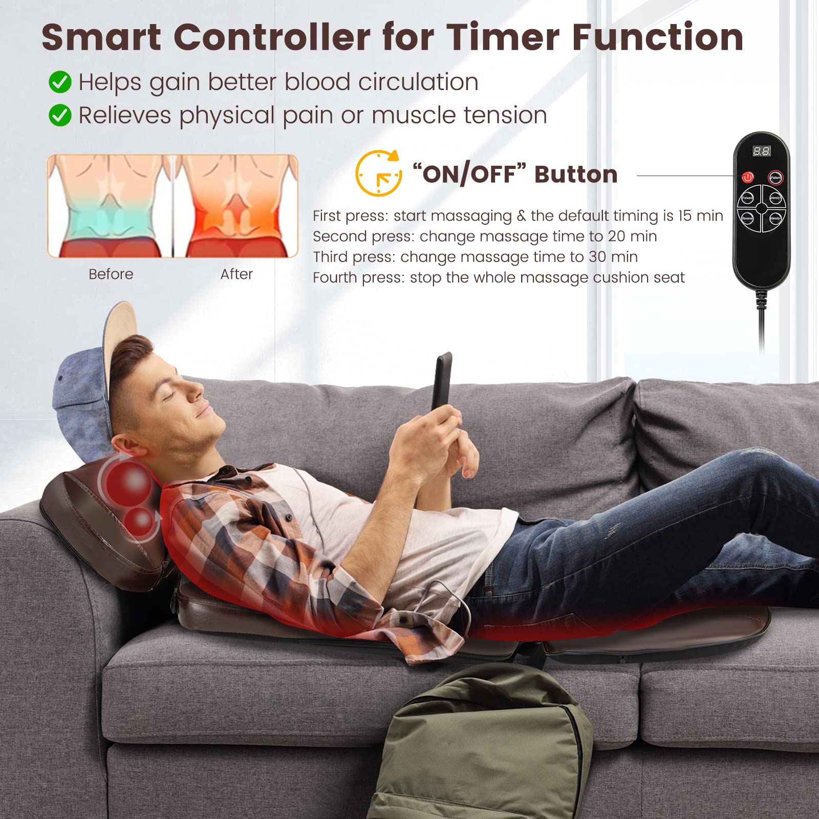 Giantex Back Massager Chair Pad - Chair Massager with Adjustable Neck Pillow, 3 Speeds & 3-Level Timer, Brown