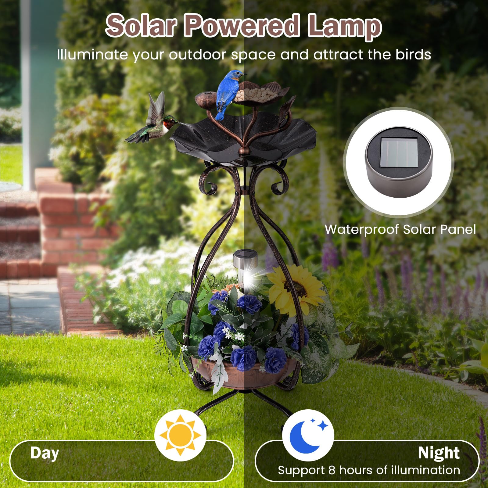 Giantex Bird Bath with Planter - Solar Lighted Bird Bath for Outside with Bird Feeder