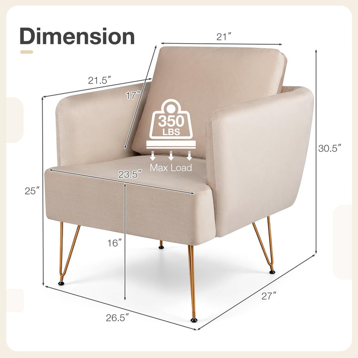 GIANTEX Modern Upholstered Arm Chair w/Golden Metal Legs &amp; Back Cushion (1/2)