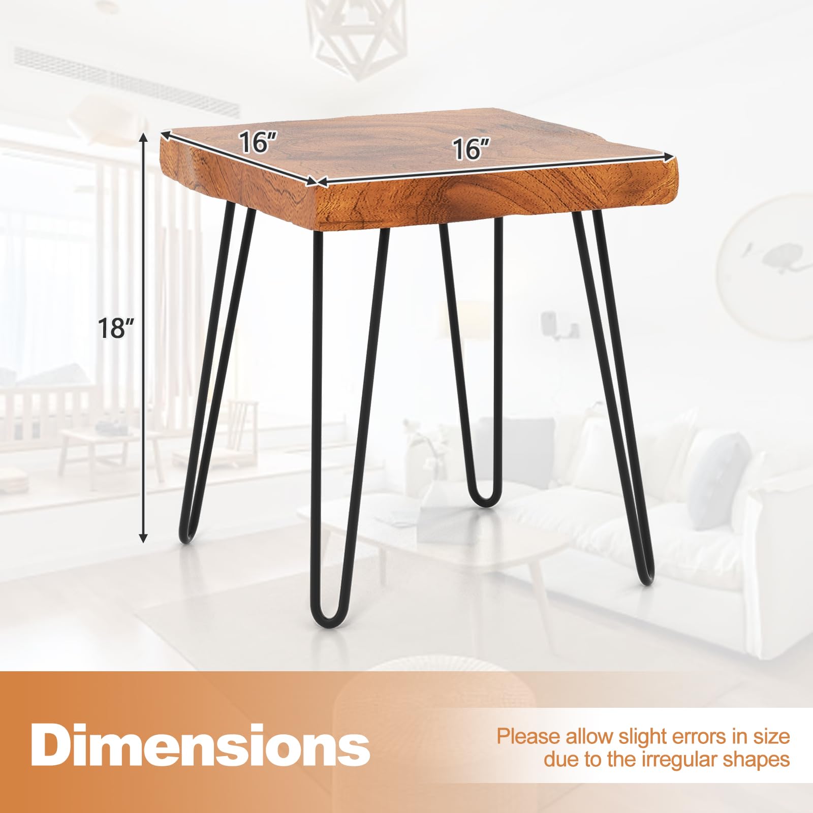 Giantex Teak Wood End Table, Solid Live Edge Outdoor Side Table w/Natural Grain & Heavy-Duty Metal Legs