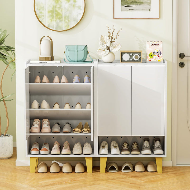 Giantex 5-Tier Shoe Cabinet with Doors, Faux Marble Shoe Rack Organizer with Anti-Tipping Kit & Flat Tilting Storage Shelves