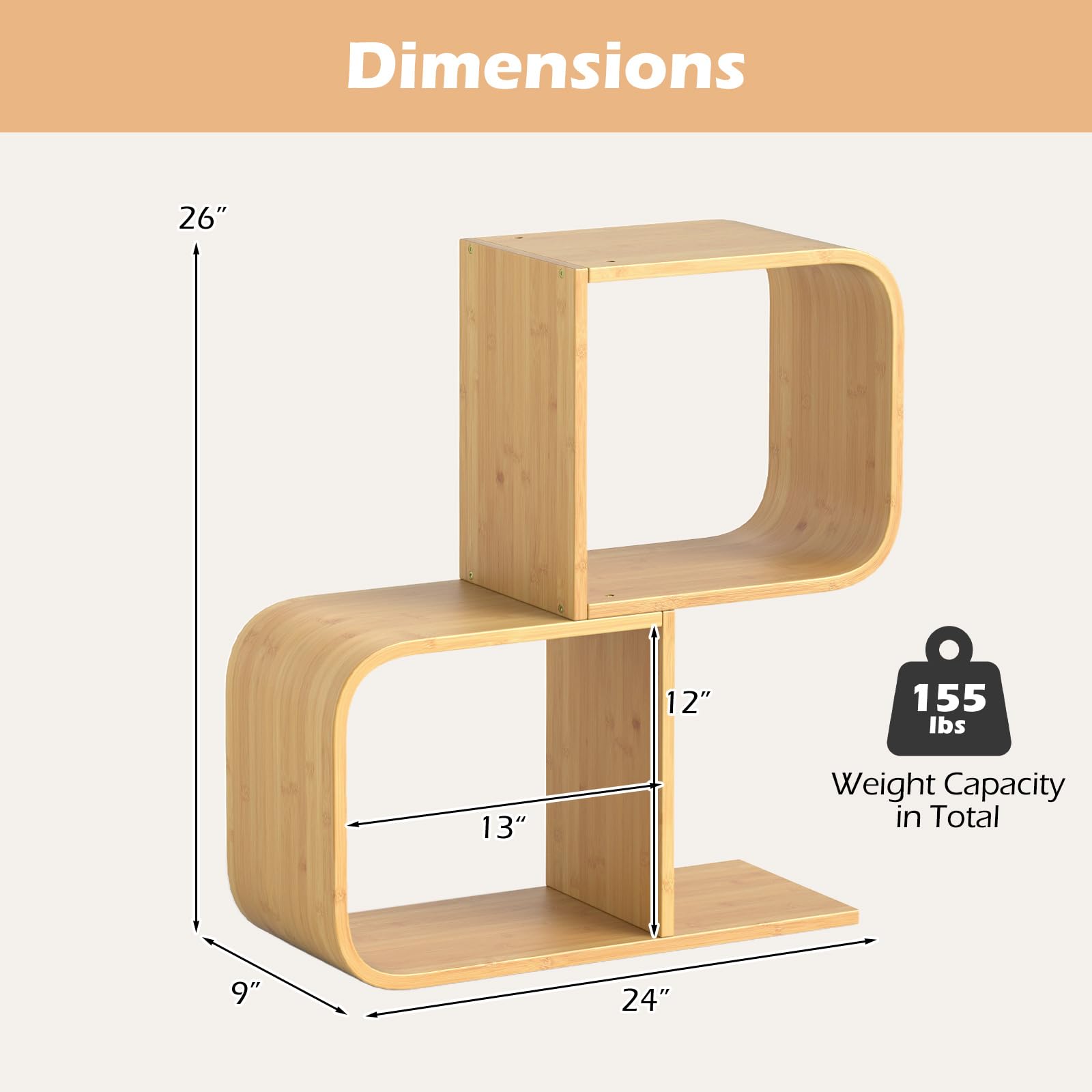 Giantex S-Shaped Bookcase, 2-Tier Bamboo Bookshelf with 2 Open Cubes, Geometric Corner Display Shelf