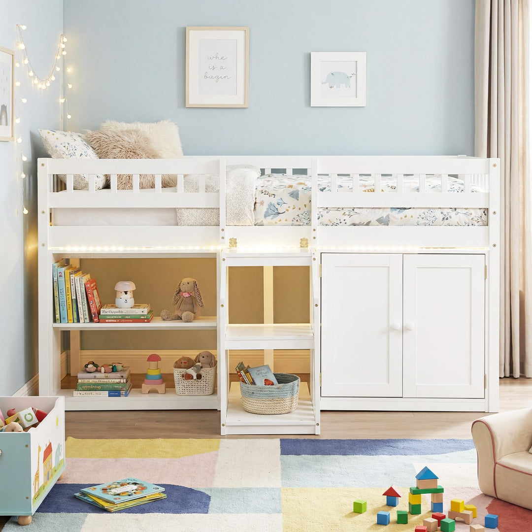 Giantex Low Loft Bed Twin Size with LED Lights, Wooden Bed Frame