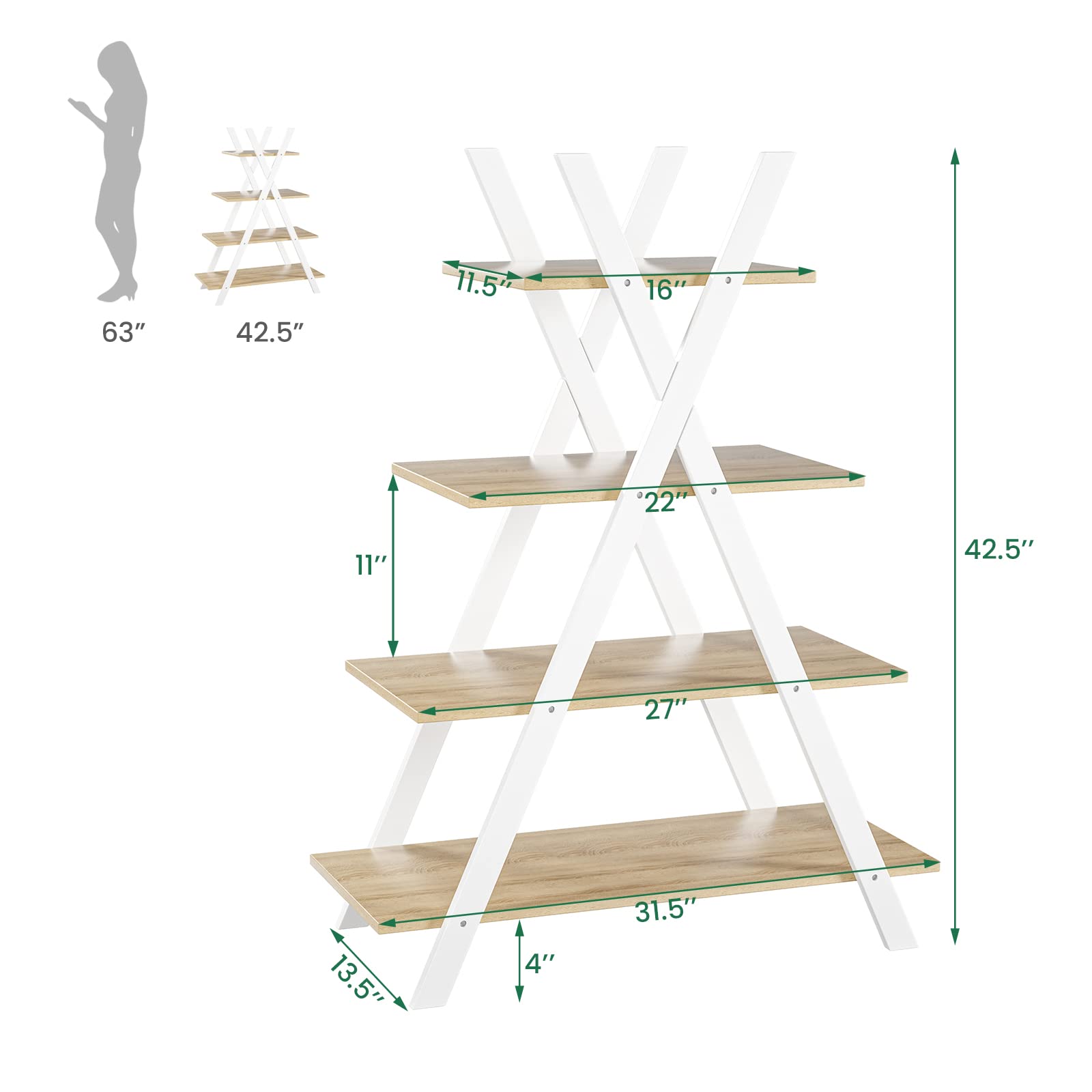 Giantex 4 Tier Bookshelf Storage Shelves Bookcase Ladder Shelf Home Office X-Shape