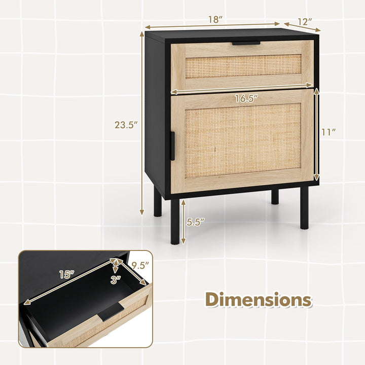 Giantex Rattan Nightstand Set of 2, Mid Century Modern End Table with Drawer & Cabinet, Sofa Side Table with Sturdy Metal Legs