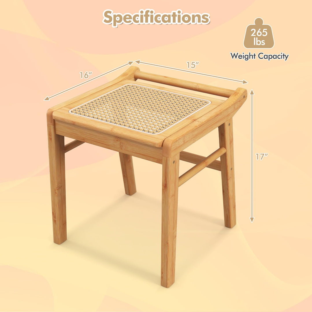 CHARMAID Vanity Stool, Bamboo Ottoman Foot Rest with Rattan Seat, Anti-Slip Foot Pads