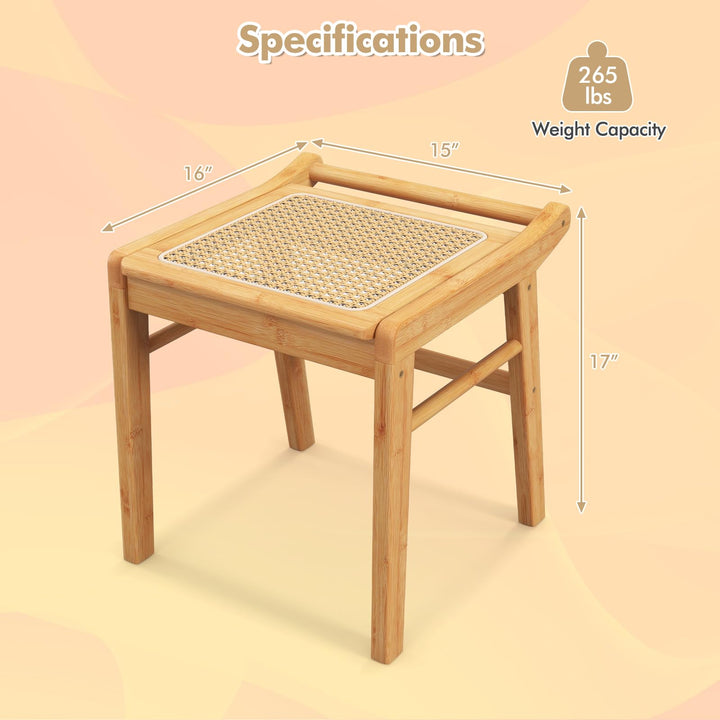 CHARMAID Vanity Stool, Bamboo Ottoman Foot Rest with Rattan Seat, Anti-Slip Foot Pads
