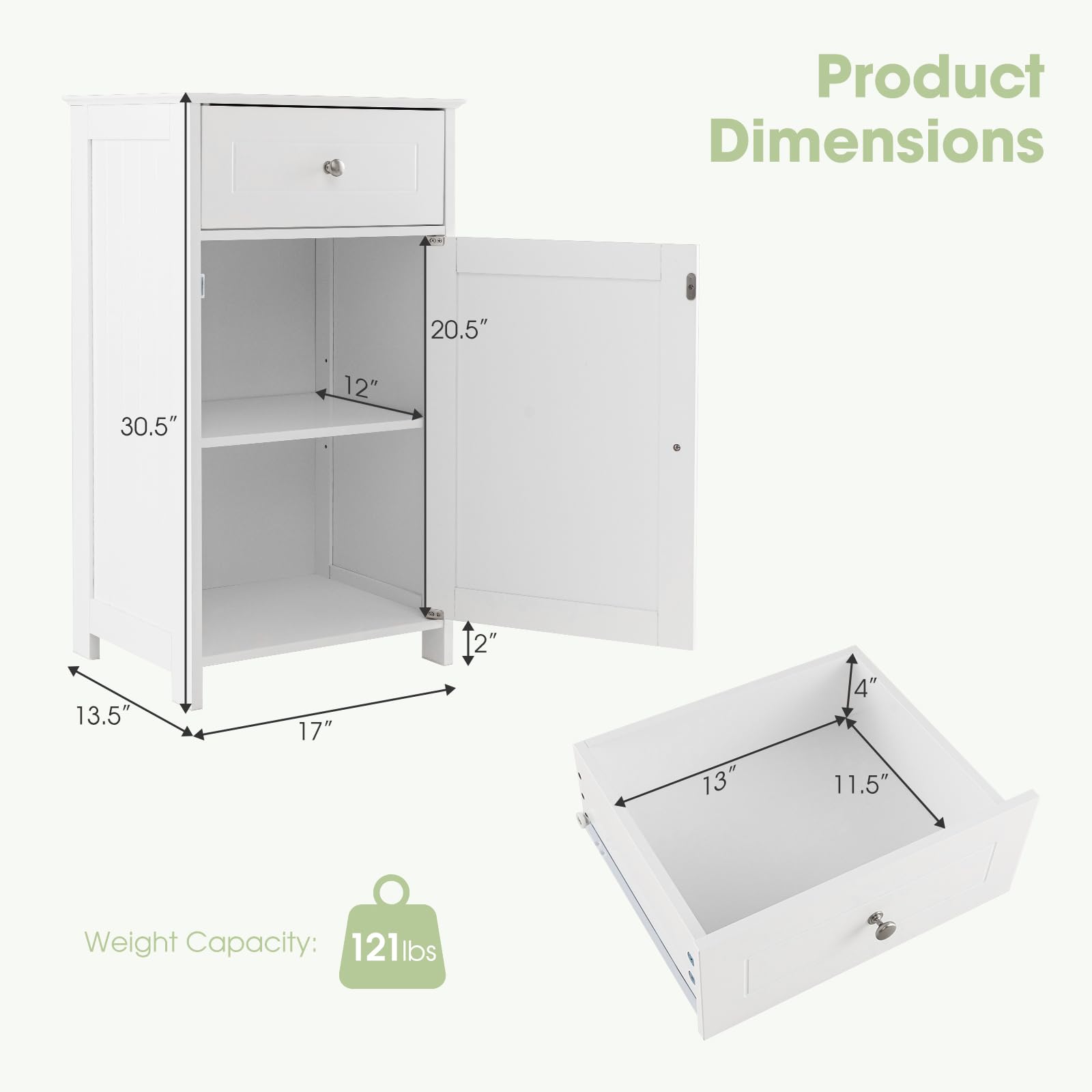 Giantex Floor Bathroom Storage Cabinet - Freestanding Cabinet with Drawer, Door, White