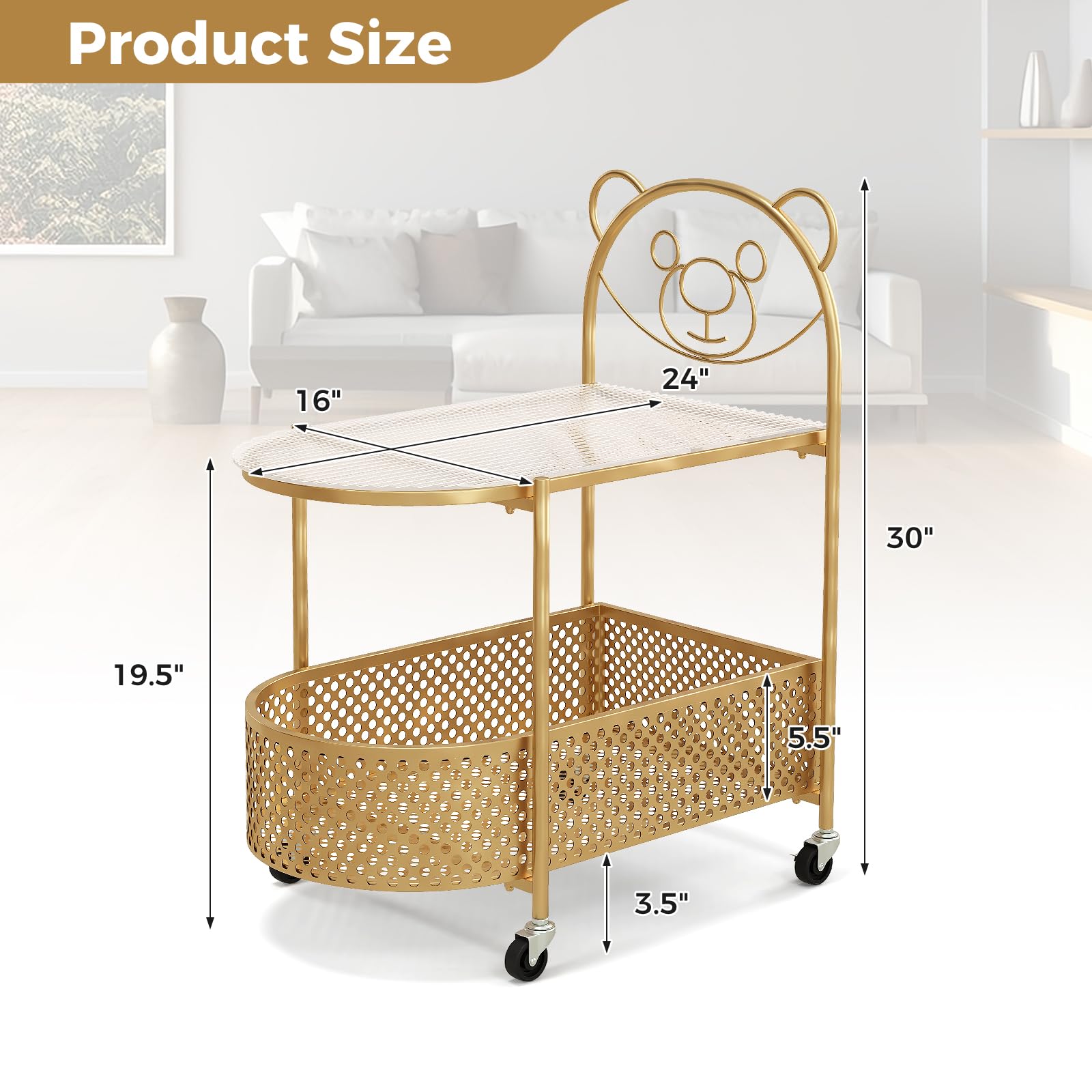 Giantex Mobile Glass Coffee Table, 2-Tier Modern Cocktail Table with Bear Pattern, Storage Basket & Metal Frame