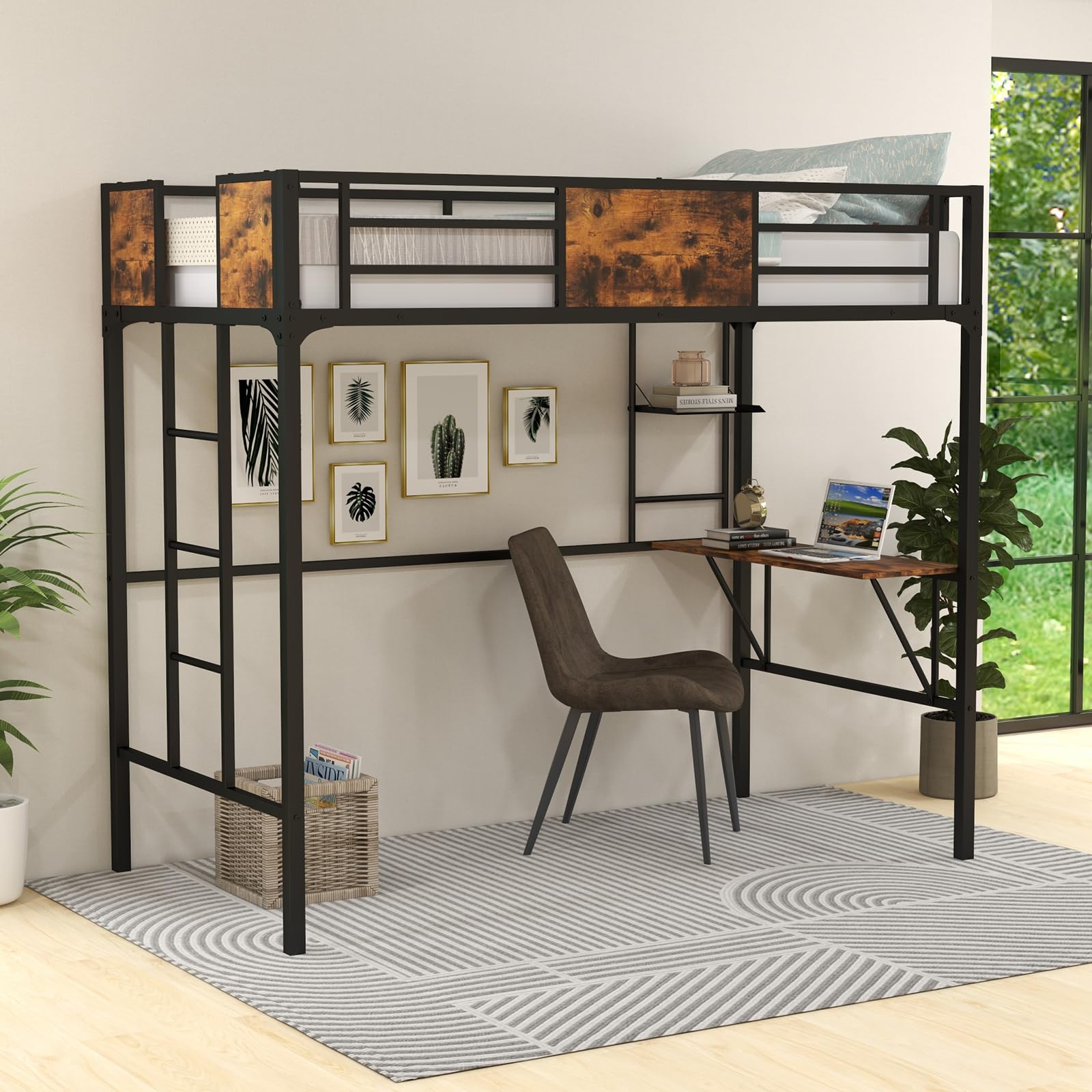 Metal Twin Loft Bed with Desk and Storage Shelf - Giantex