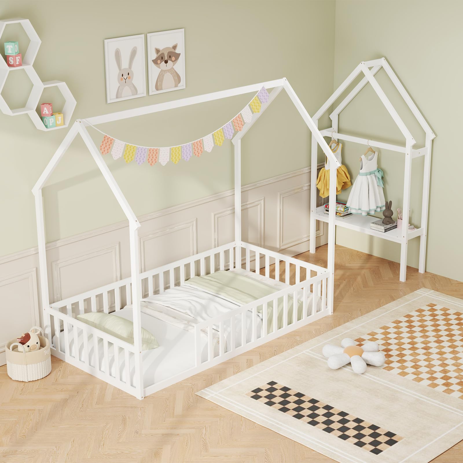 Giantex Twin House Floor Bed, Solid Wood Montessori Floor Bed with Detachable Storage Shelf & Clothes Hanger