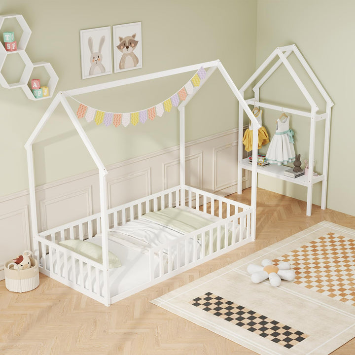 Giantex Twin House Floor Bed, Solid Wood Montessori Floor Bed with Detachable Storage Shelf & Clothes Hanger